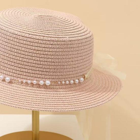 Beach Hat Wide Brim Flat Top Imitation Pearls Trim Tulle Bow Decor Straw Hat Lightweight Breathable Sun Protection Hat