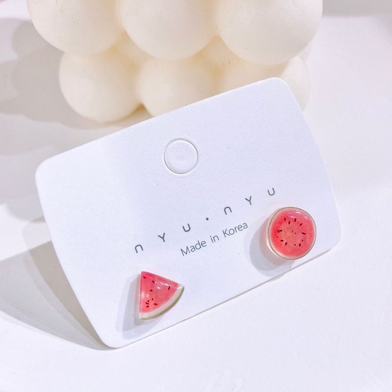 

S925 Sterling Silver Watermelon Ear Stud Cute Unique Super Fairy Resin Earrings Stylish Niche Style Asymmetric Ear Clip for Women Summer Pair of plastic needles