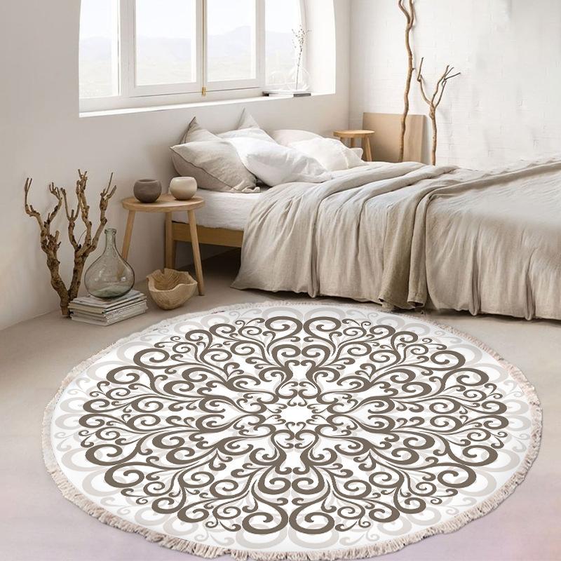Nordic Cotton and Linen Home Leisure Non-slip Fringed Printed Round Carpet Living Room Floor Mat Bedroom Bedside Blanket