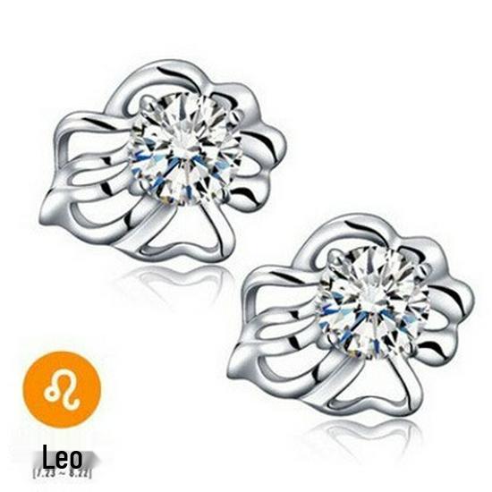 White Copper Silver-Plated Retro Zodiac Stud Earrings with Zircon Stones