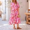 Women's Short Sleeve Floral Print Button Dress - Long Length with Collar and Pockets Smocked for Summer