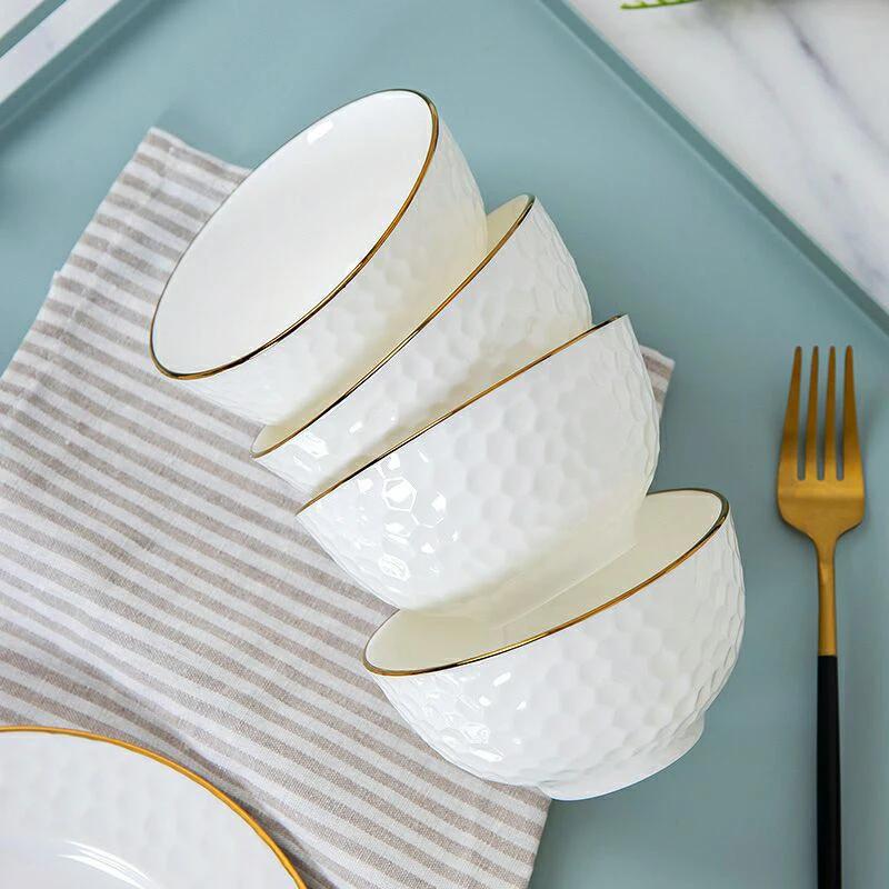 4Pcs Set Ramen Bowl Set Phnom Penh Embossed Rice Bowl High-quality Bone China 6 Inch Noodle Dinner Plate Set Ceramic Dinnerware