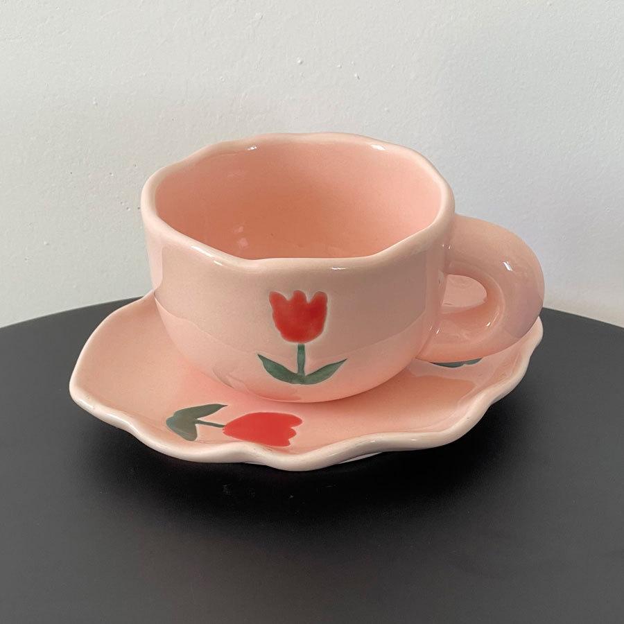 Girl'S Heart Hand-Painted Tulip Orange Bear Flower White Cloud Coffee Cup And Saucer Underglaze Irregular Ceramic Cup And Saucer