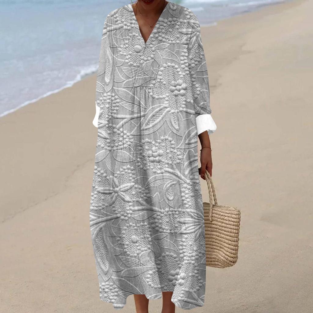 Women's Casual Fashion V-Neck Long Sleeve Textured Print Maxi Dress