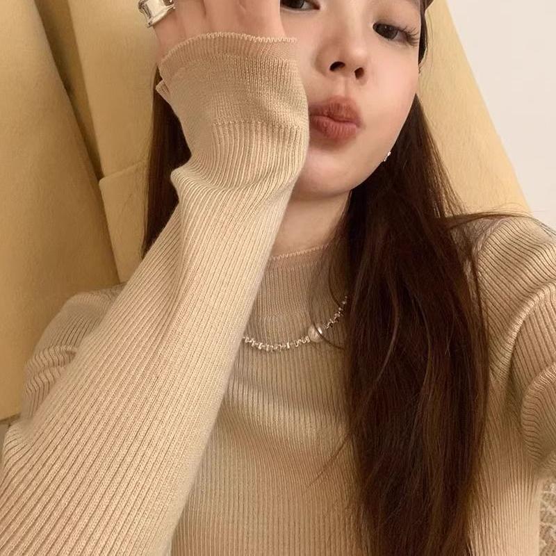 White Fungus Edge Semi High Neck Stand Up Collar Women's Autumn and Winter Sweater Knitwear T-shirt Top
