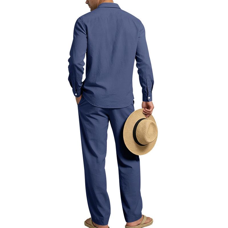 2026 European Men's Casual Loose Linen Lapel Shirt & Long Pants Set - Breathable Cotton Blend