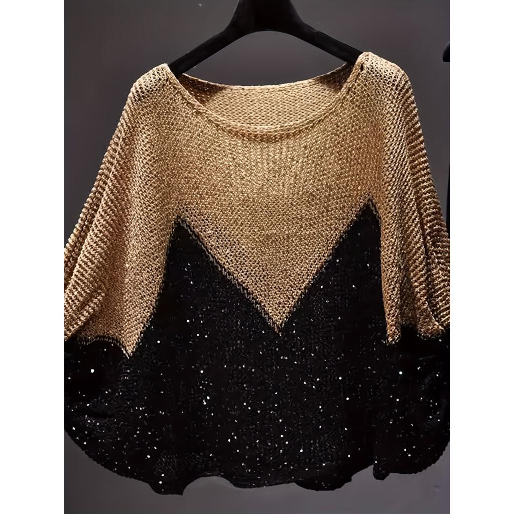 Fall Winter New Women's Colorblock Sequined Knit Sweater Loose Hip-Covering Casual Bottoming Top
