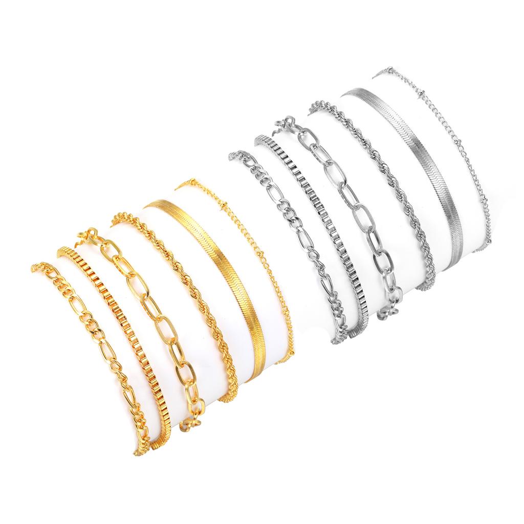 6 Pieces Fashionable 14K Gold Plated Bracelet Set Accessory for Women Thin Cuban Link and Paperclip Chain Designs