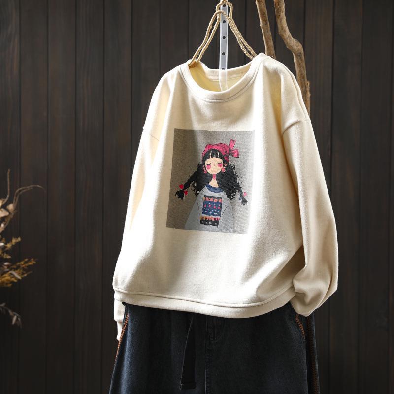 2025 Autumn/Winter Women's Printed Black Thickened Cropped Loose Velvet Pullover