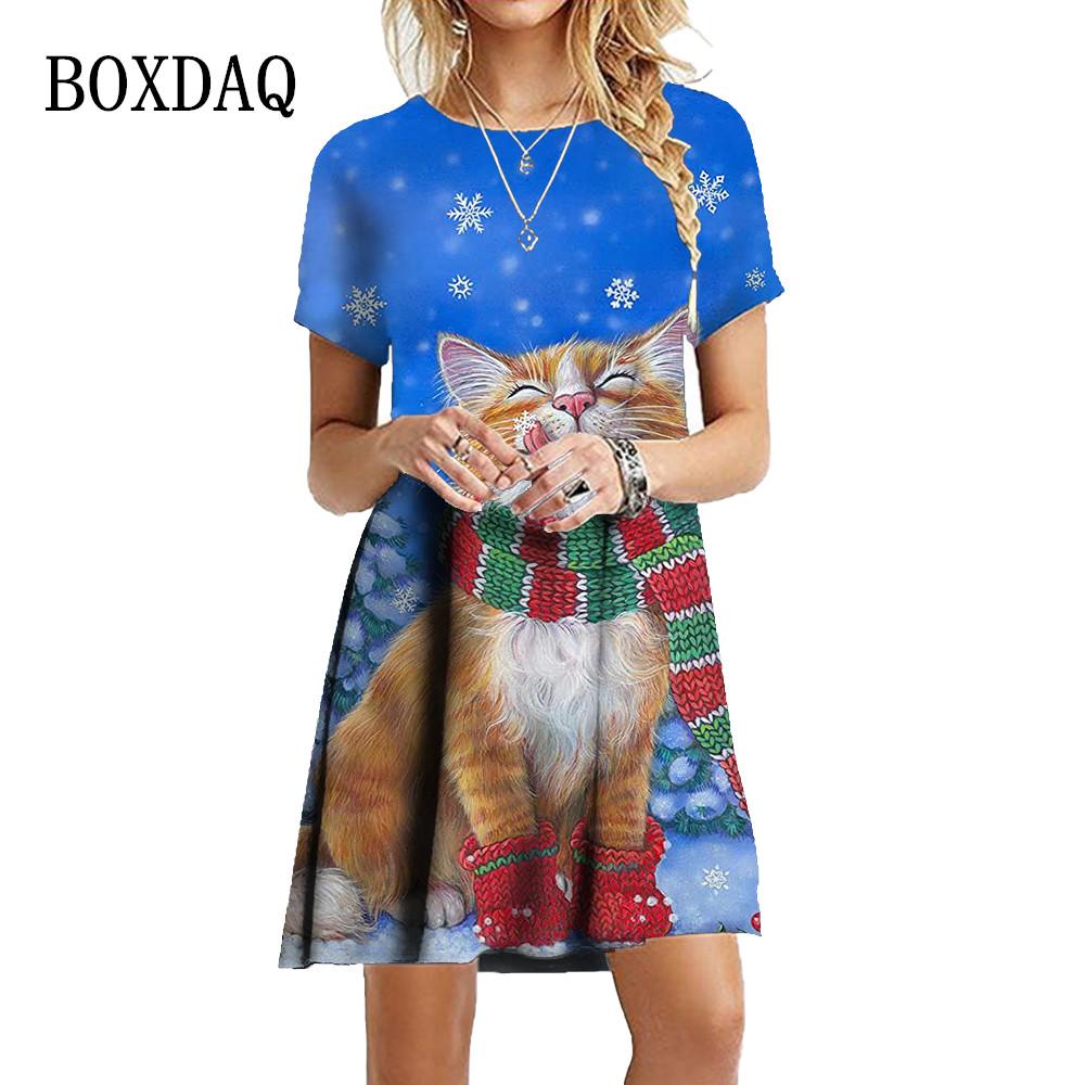 

New Year and Christmas Party in 2026 - Powder Snow Theme - Women s Fashion Fun Short-Sleeved Printed Dress S