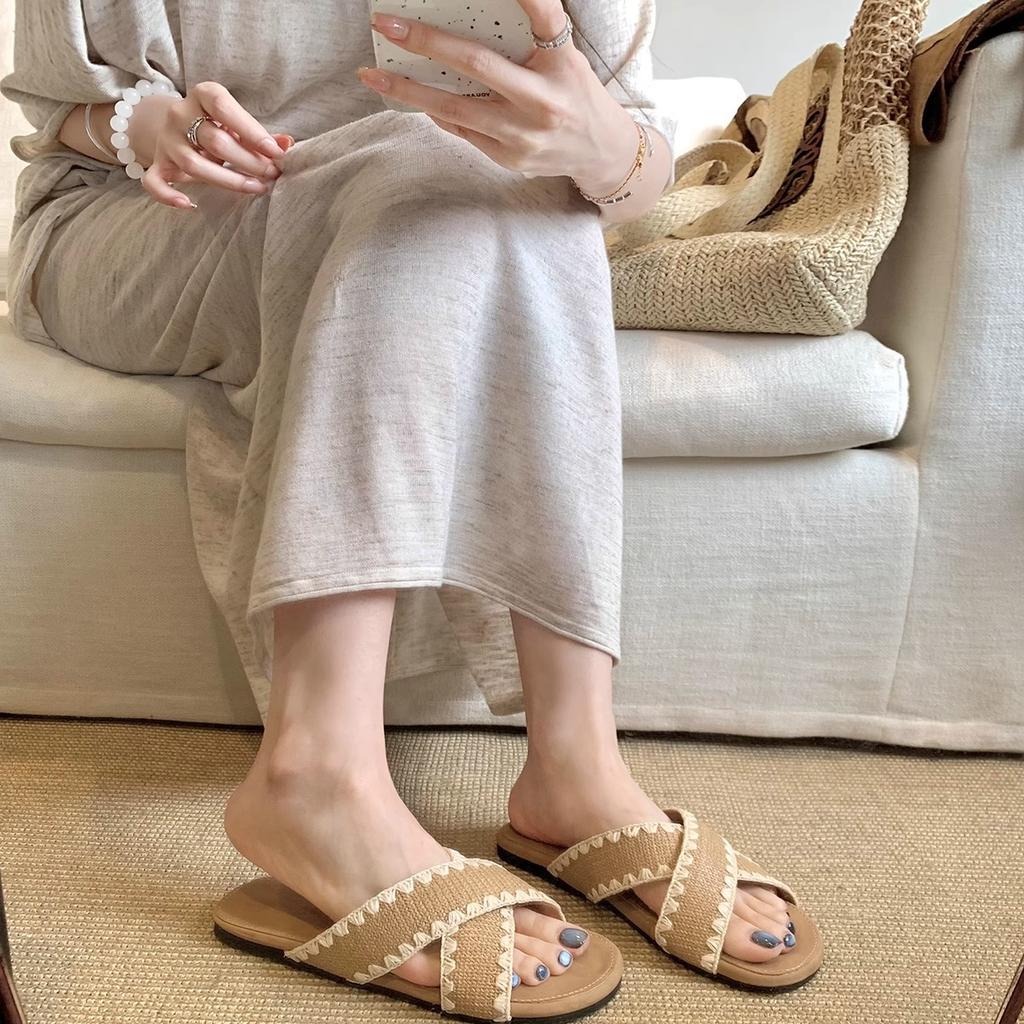 Sheepskin version lazy wind contrasting colors versatile woven cross word with versatile sandals women's summer wear