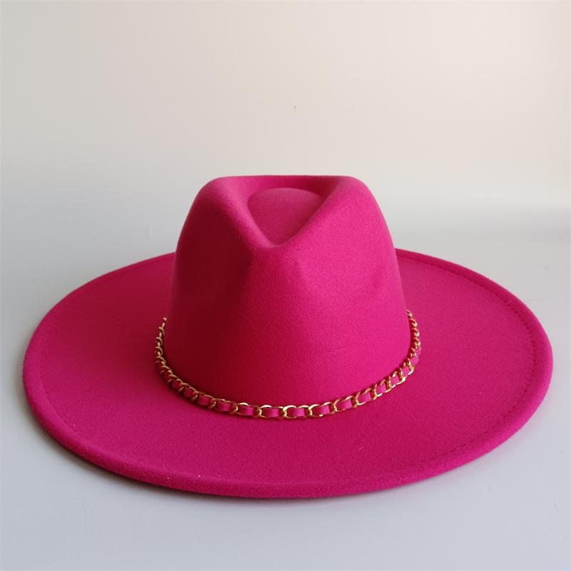 Yellow Fashion Fedora Hat With Colorful Chain 9.5Cm Wide Brim Hat For Women Winter Men'S Hat Cowboy Felt Hat Sombreros
