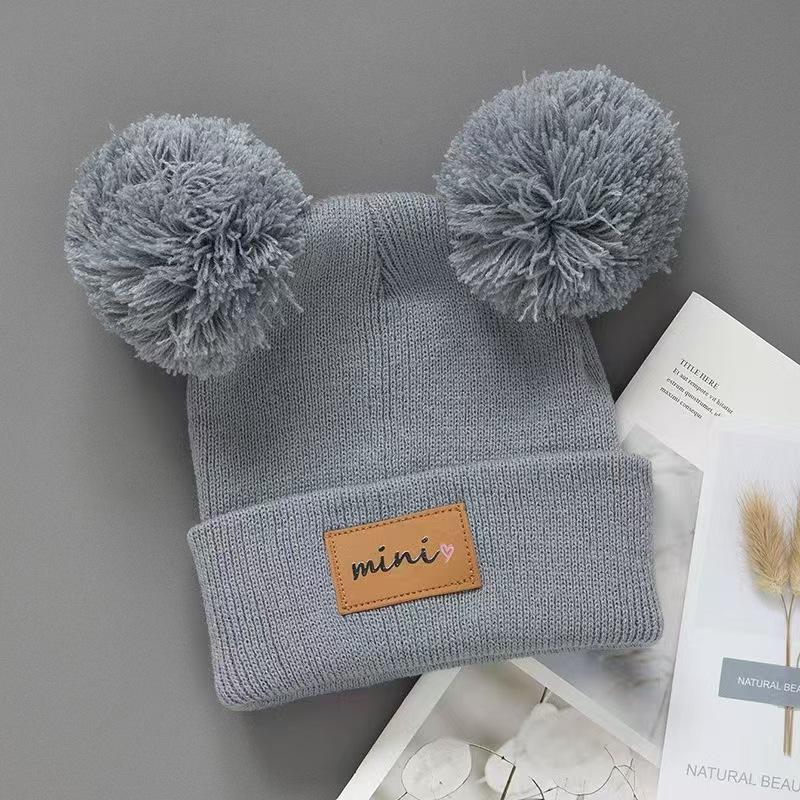 Children's bear ear hat baby cute cartoon double ball knitted velvet thickened windproof warm autumn and winter wool hat