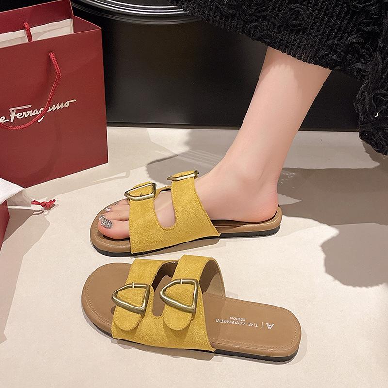 2025 summer new flat-bottomed Boken slippers women's outer wear belt buckle flat-bottomed one-word drag soft-bottomed casual sandals
