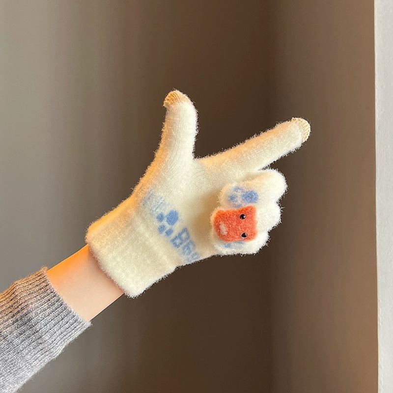 Gloves winter female ins cute thickened warm cold cycling student five fingers wool knitting autumn and winter