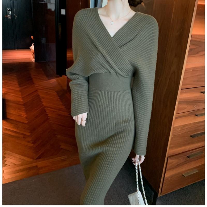 Women's V-neck High Waist Sweater Slim Long Sleeve Mid-length Knitted Dress