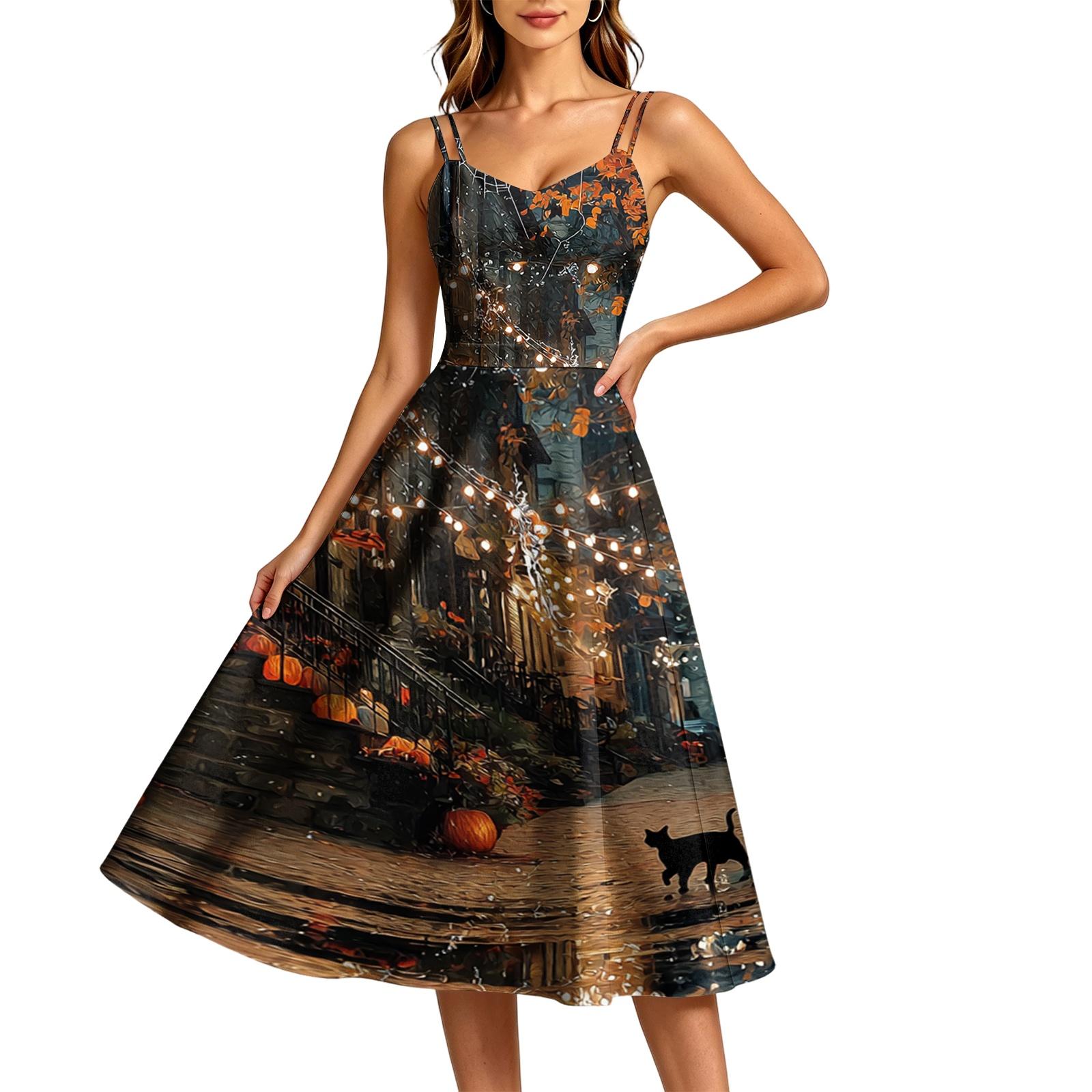 Women s Casual Halloween Print Round Neck Sleeveless Dress for Holiday Party S чёрный