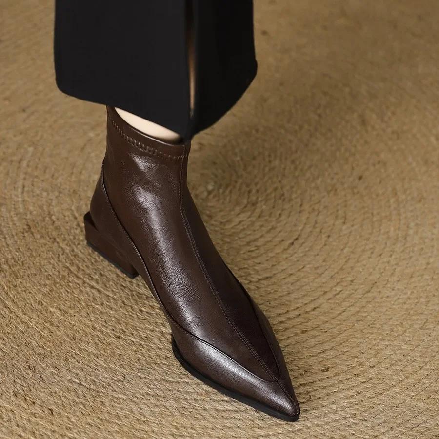 Sharp Pointed Elastic Slim Boots For Women, Autumn Winter New Thick Heel Ankle Boots For Women, Retro Brown Chelsea Boots