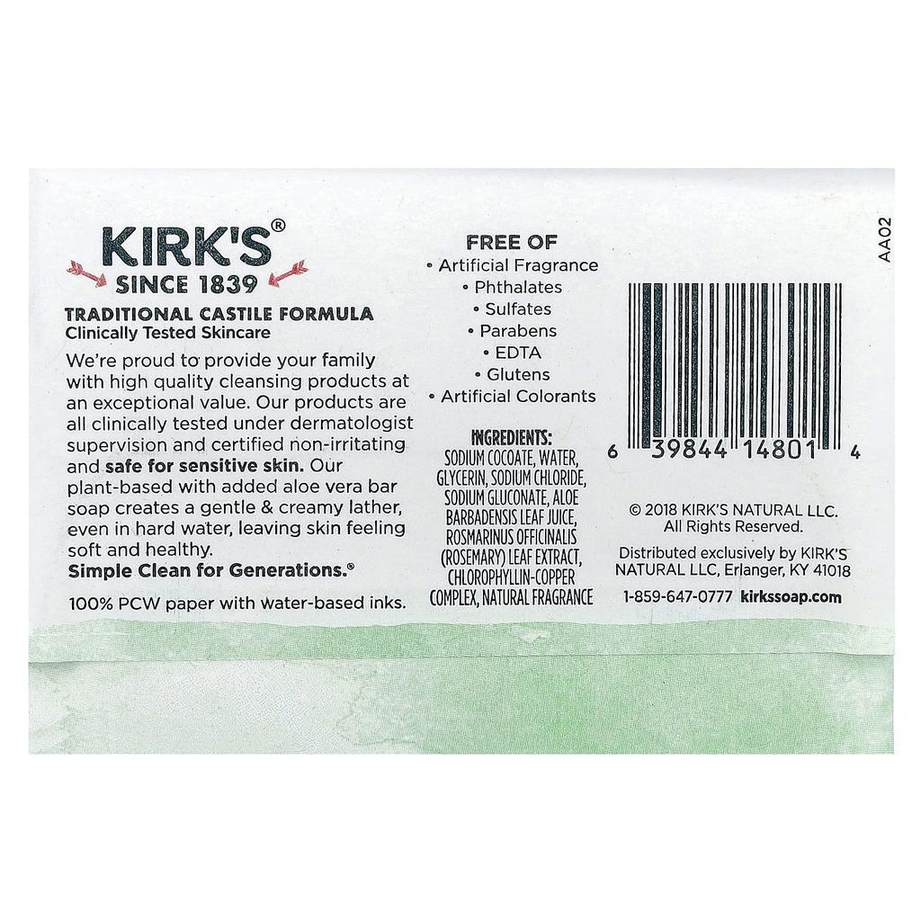 Kirk'S, 100% Premium Coconut Oil Castile Bar Soap, Soothing Aloe Vera, 113G(4Oz)