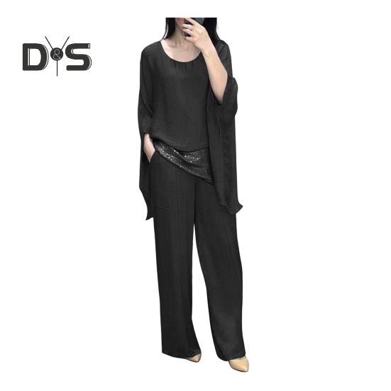 Abito casual da donna con giunture Top Pantaloni a gamba larga Abito ampio per casa Festa Ufficio Girocollo Manica a pipistrello Abito da pendolarismo