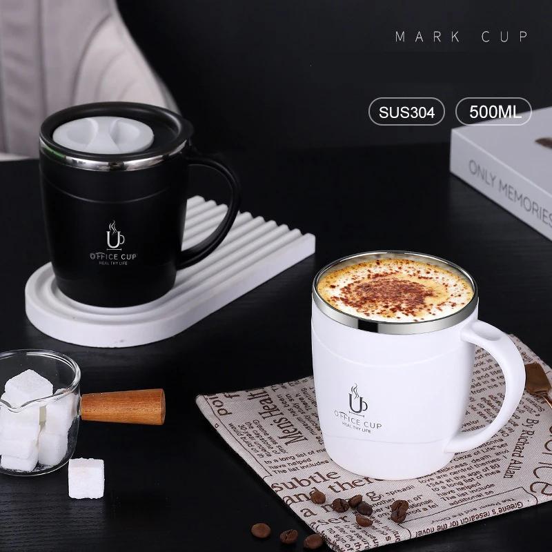 500ml Coffee Mug 304 Stainless Steel Double Layers Coffee Cup with Handle Leak-Proof Slide Cover Portable Thermal Water Bottle