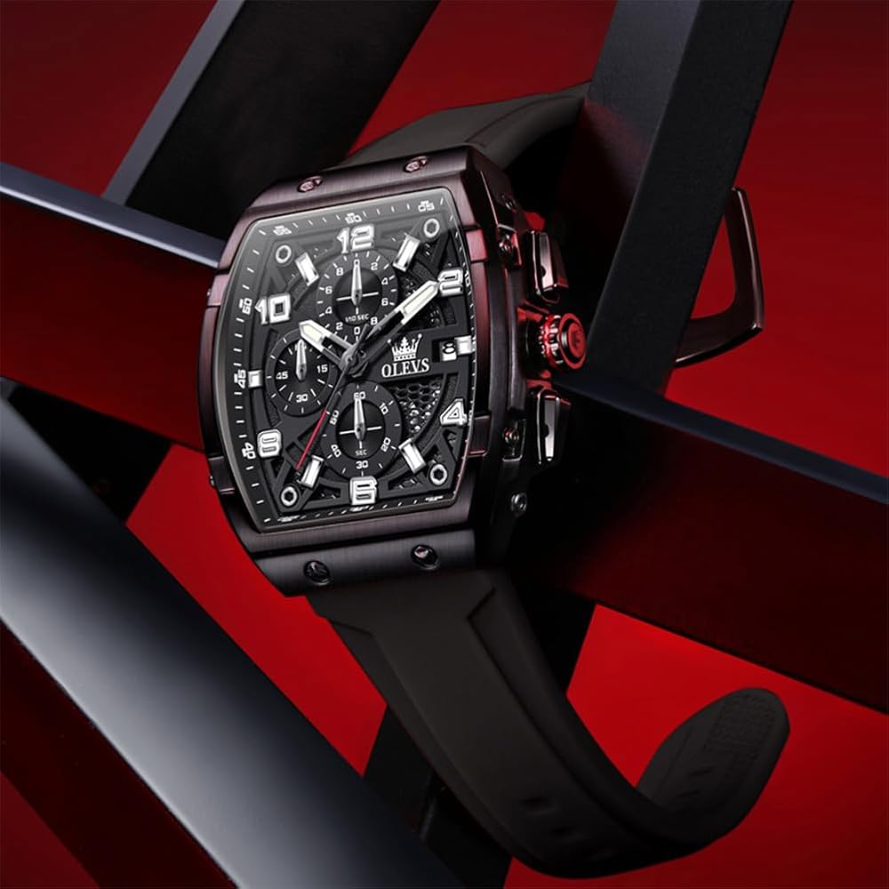 OLEVS Men's Chronograph Waterproof Multifunctional Quartz Watch with Calendar and Silicone Strap Black