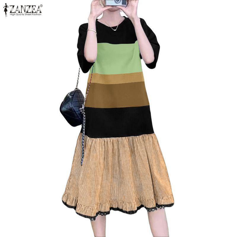 ZANZEA Women Casual Round Neck Summer Patchwork Short Sleeve Dress