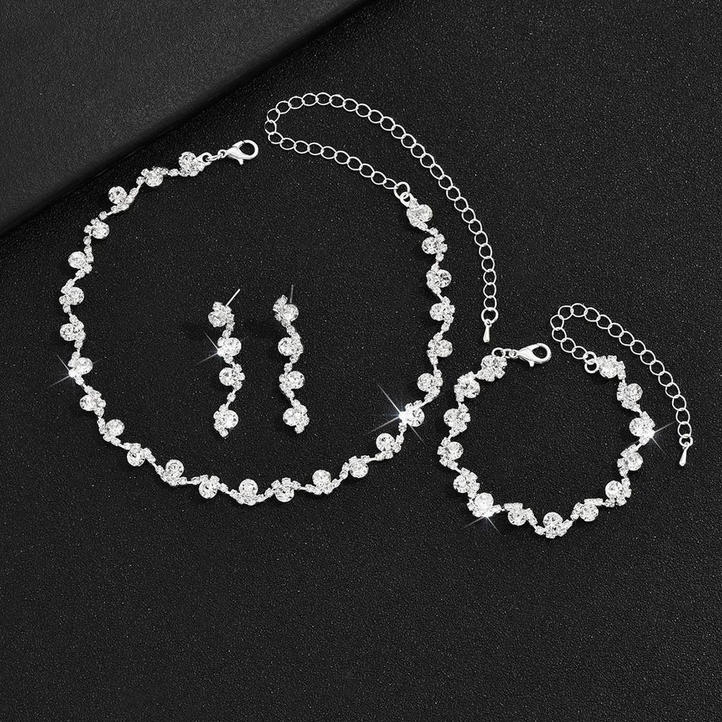 Elegant Sparkle Fashion Necklace, Earrings & Bracelet Set for Brides - Women's Rhinestone Jewelry 3-Piece Collection.