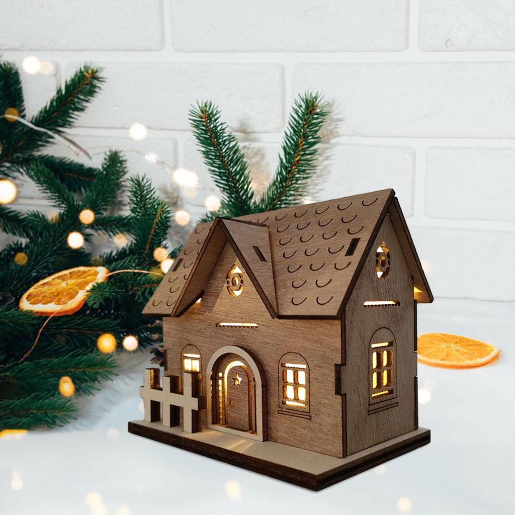 Light up rustic, illuminated Christmas wooden house for home table celebration