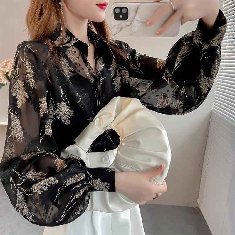 Ladies Temperament Top Tihua Printed Shirt Loose Lantern Sleeve Flower Shirt Niche Design Chiffon Shirt