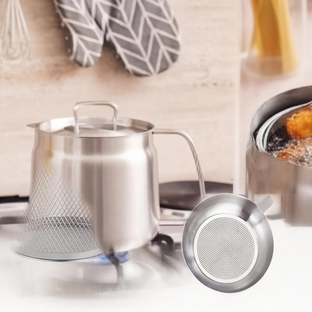304 Stainless Steel Deep Fryer Pot 68oz with Basket amp; Strainer 2L Oil Filter Container for Bacon Grease Storage Dishwasher Safe Small Fryer Pot
