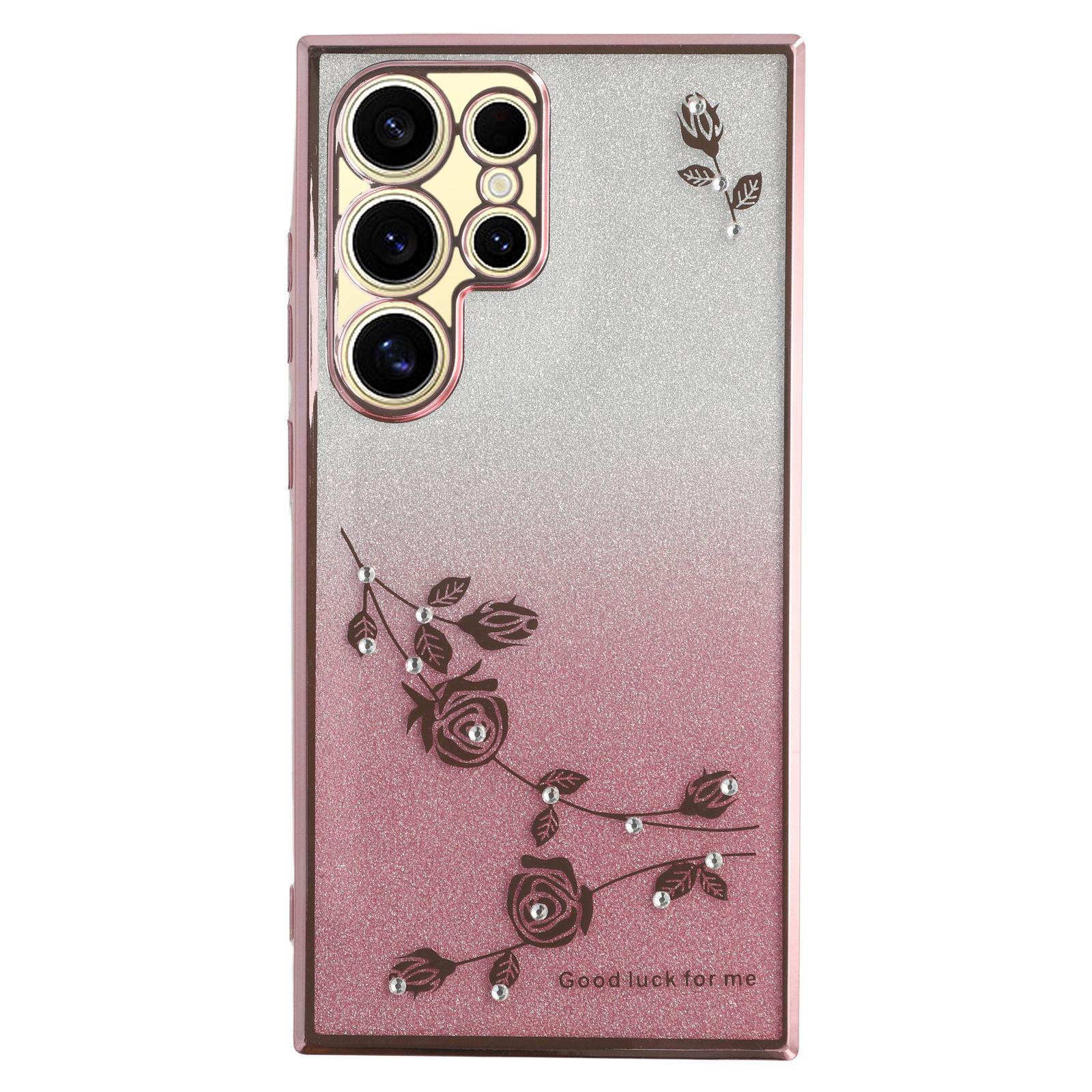 

KADEM For Samsung Galaxy S22 Ultra 5G Anti-Shock Glitter Powder Flexible TPU Cell Phone Cover Flower Pattern Decor Rhinestone Phone Case Shell Rose Gold