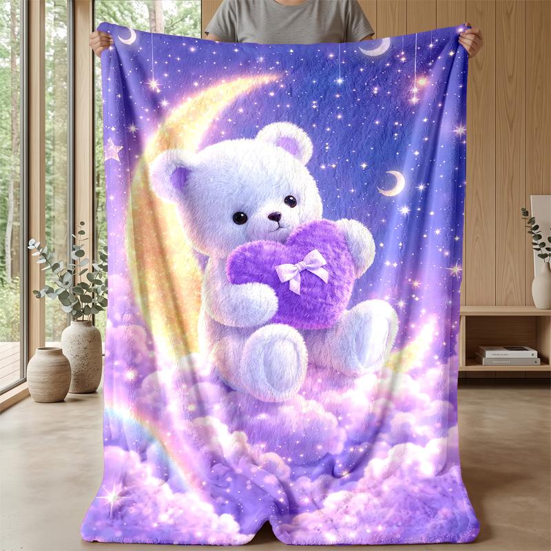 Teddy Bear On Moon with Lantern Theme Blanket Lightweight Warm Flannel Blanket Decorative Throw Blanket for Home Decoration