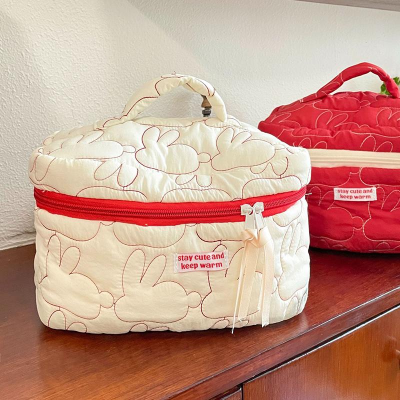 

Cute Women Portable Rabbit Quilted Cotton Cosmetic Bag Handbag Lady Tote Makeup Pouch Travel Organizer Storage Bags With Zipper Small білий