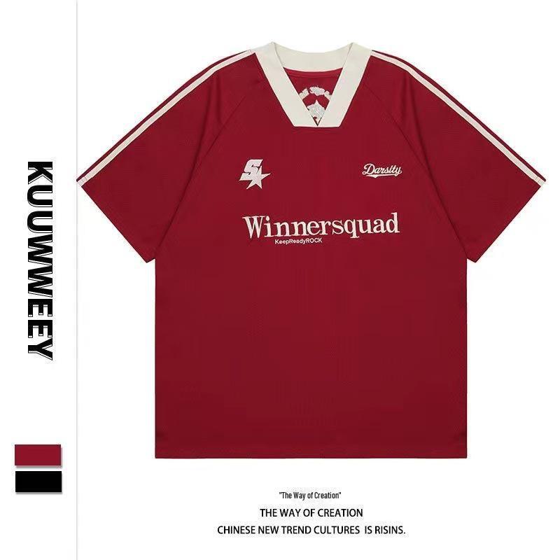 Unisex Retro V-Neck Embroidered Colorblock Half-Sleeve T-Shirt