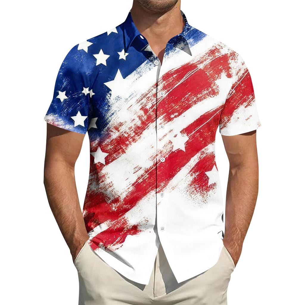 Men's Independence Day Printed Collared Top Men's Casual Sports Short-Sleeve Shirt