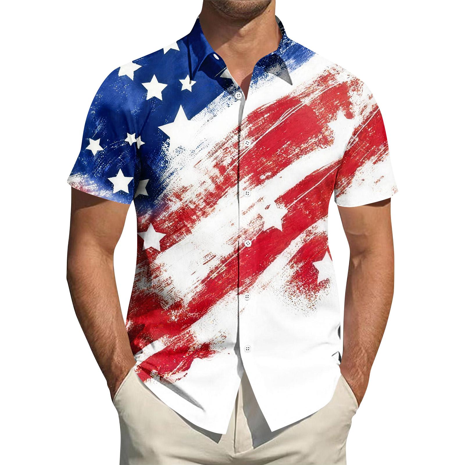 

Men’s Short Sleeve Button Down Shirt with Collared Neckline and Printed Star and Stripe Pattern for Casual and Sportswear XXXL рожевий
