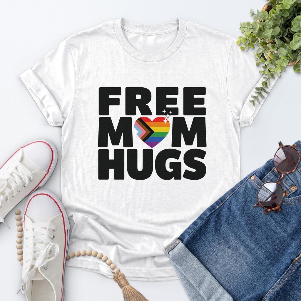 Free Mom Hugs Shirt Rainbow Pride Heart Tee LGBTQ+ Ally Mom Gift