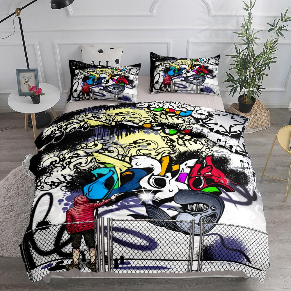 New York Suburbs Graffiti Art Duvet Cover Set King Queen Double Full Twin Single Size Bed Linen Set
