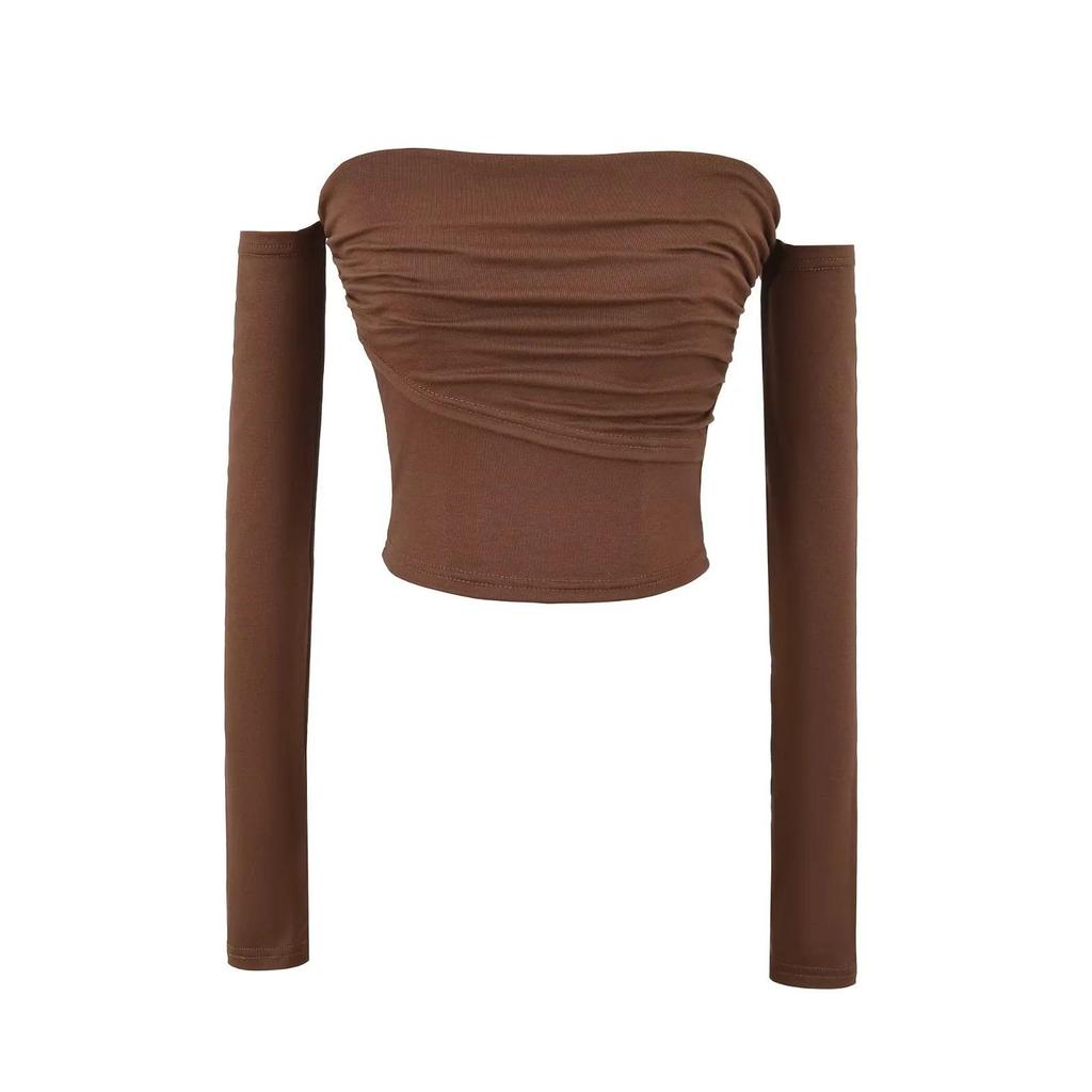 American Spicy Girl One-Shoulder Long Sleeve Pleated Crop Top - Women's Spring/Autumn Sexy Base Layer