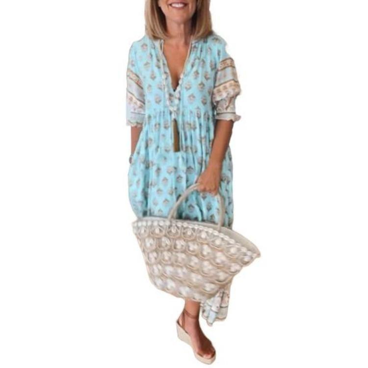 

Summer Maxi Dress Bohemian Style High Waist A Line Pleated Swing Printing V Neck Lantern Sleeves Spring Dress 3XL синій