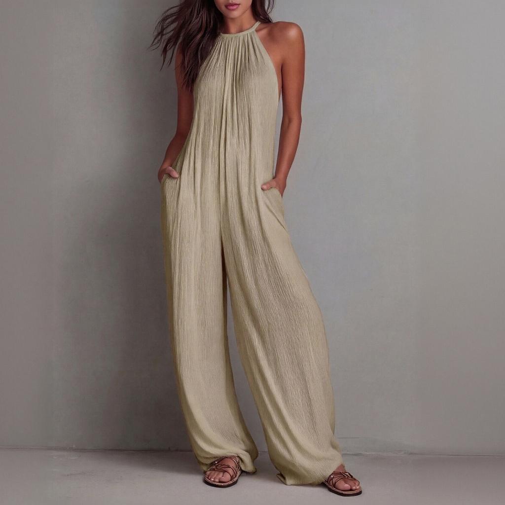 Women's Fashionable, Elegant, Casual, Loose-fitting, Pleated, Backless, Wide-leg Jumpsuit