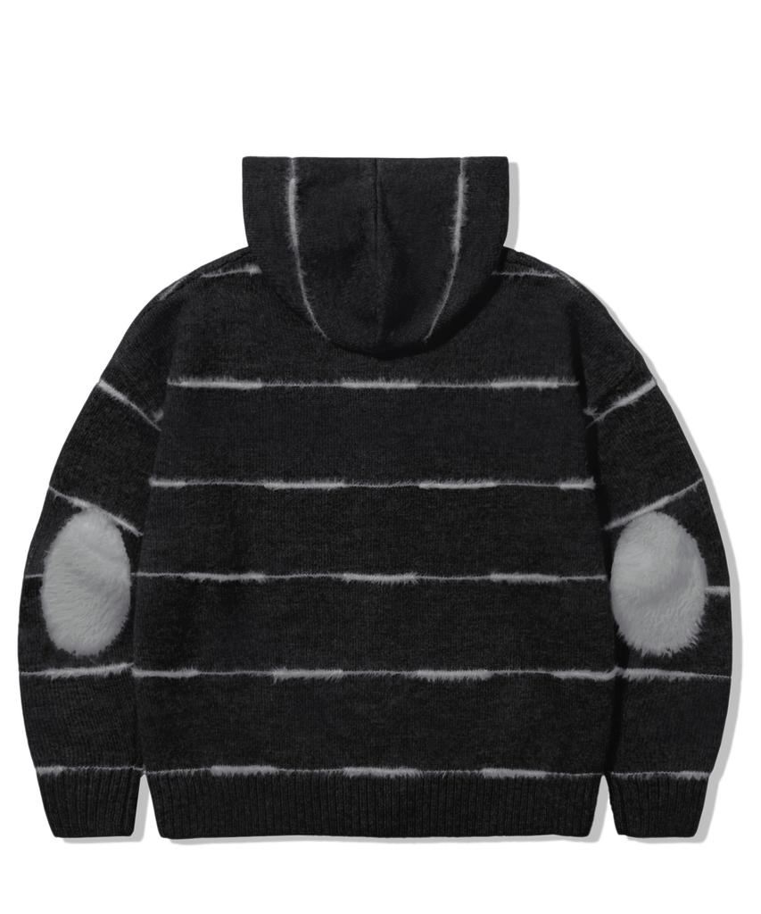 TRILLION Washable Wool Hairy Stripe Hooded Zip-Up Knit_Black