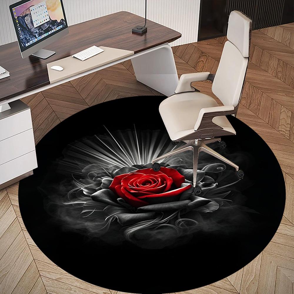 1PC Red Rose Black Background Round Chair mat Area Rug - Non-Slip, Floor Mat for Office, Bedroom, home decor Christmas Gift c0528062