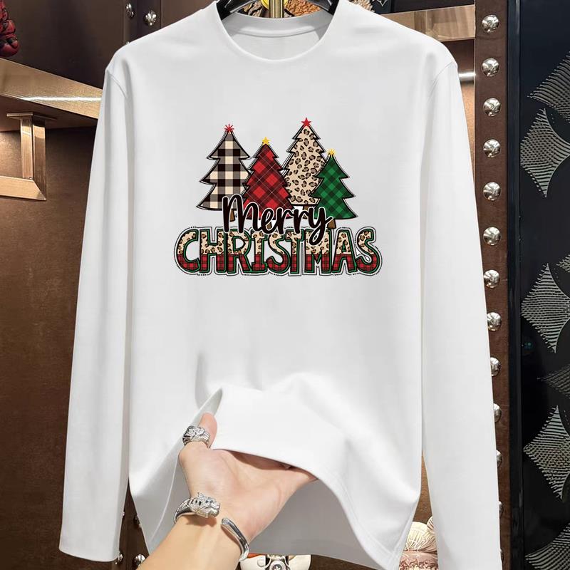 (Asian Size) Trend Cute Tree Christmas New Year Graphic Tee Print T Shirt Women Autumn Winter Casual Fashion Top Clothing Long Sleeve T-shirts
