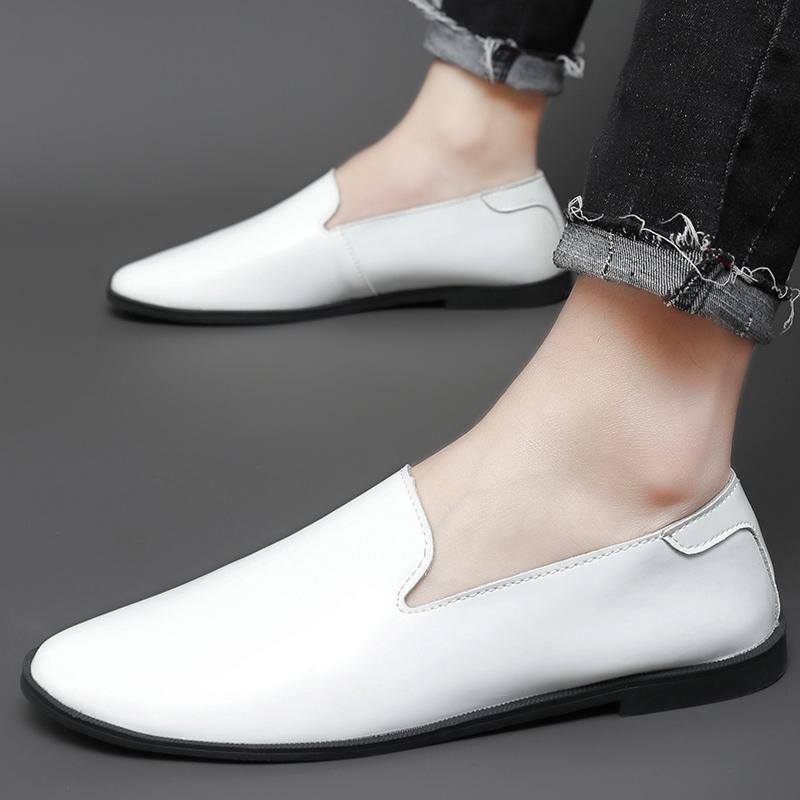Fashion Flat Bottomed Men's Leather Shoes Black and White Style Office and Leisure Party Comfortable Work Plus Size Slip On Daily Shoes