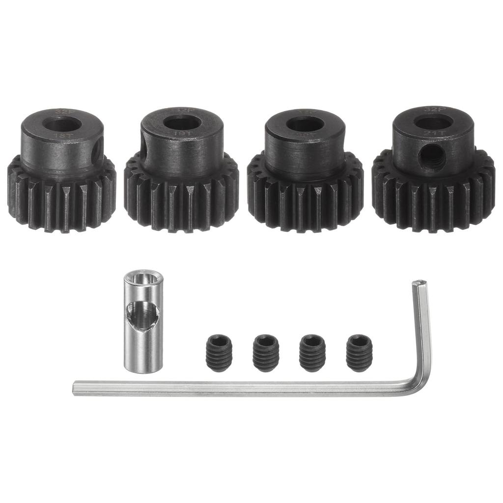 uxcell 32P Pinion Gear Set, 5mm Shaft, 18T, 19T, 20T, 21T Motor Gear, Hardened Steel Pinion Gear with 3.17mm Coupler for RC Car (4 Pieces)