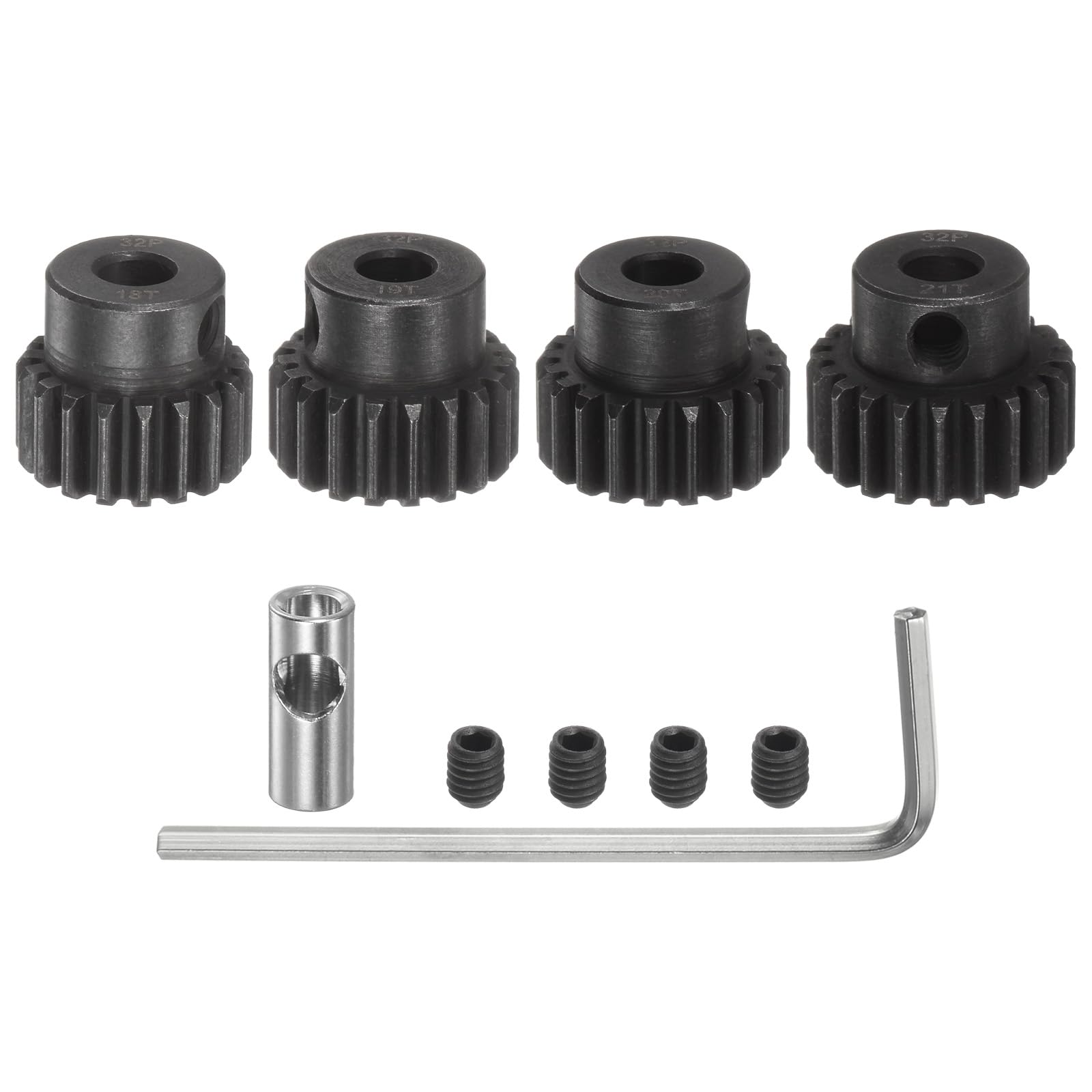 

uxcell 32P Pinion Gear Set, 5mm Shaft, 18T, 19T, 20T, 21T Motor Gear, Hardened Steel Pinion Gear with 3.17mm Coupler for RC Car (4 Pieces)