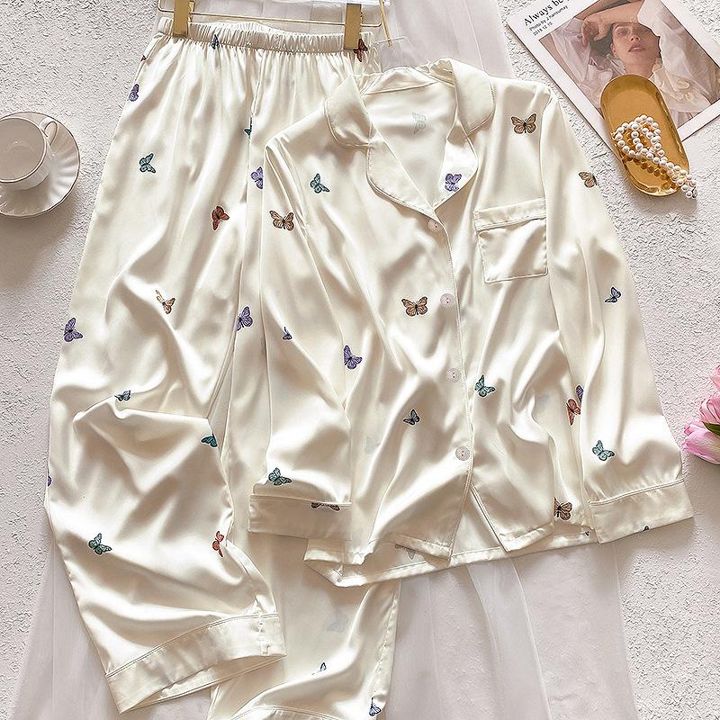 

Пижама из ледяного шелка с принтом бабочек сладких цветов, женская, весенне-осенняя, с длинным рукавом, домашняя одежда, комплект из двух предметов, реальное фото M