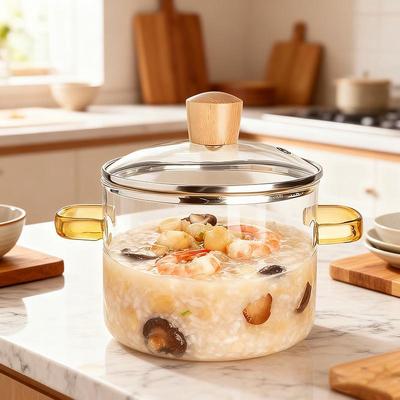Pentola in Vetro Trasparente ad Alta Temperatura con Doppio Manico per Fuoco Diretto e Fornello a Gas, Pentola Trasparente in Vetro Borosilicato per Stufati e Zuppe